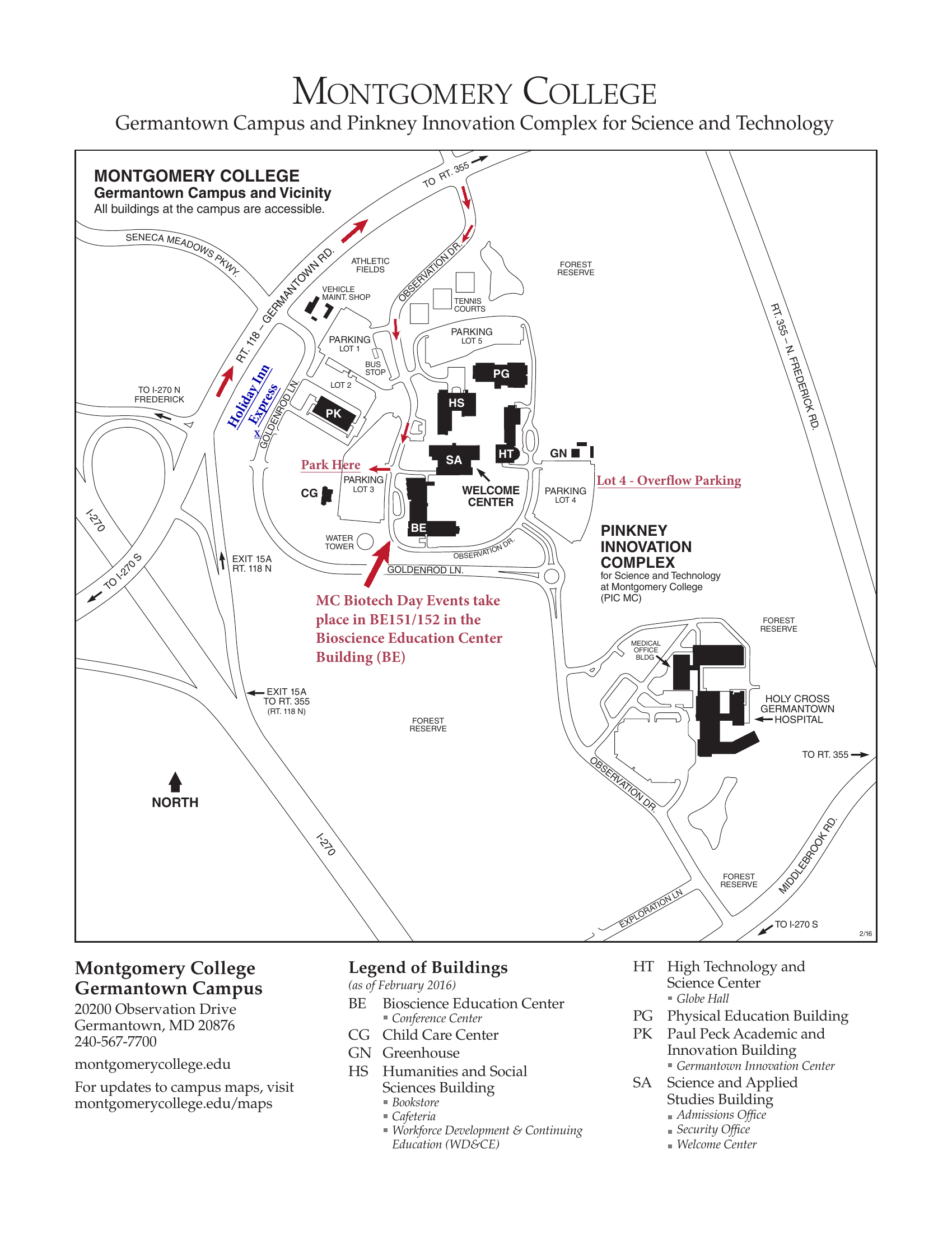 Montgomery College Germantown Campus map, with parking Lot 3 marked as the recommended lot and the Bioscience Education Center (Building BE) marked for MC Biotech Day events